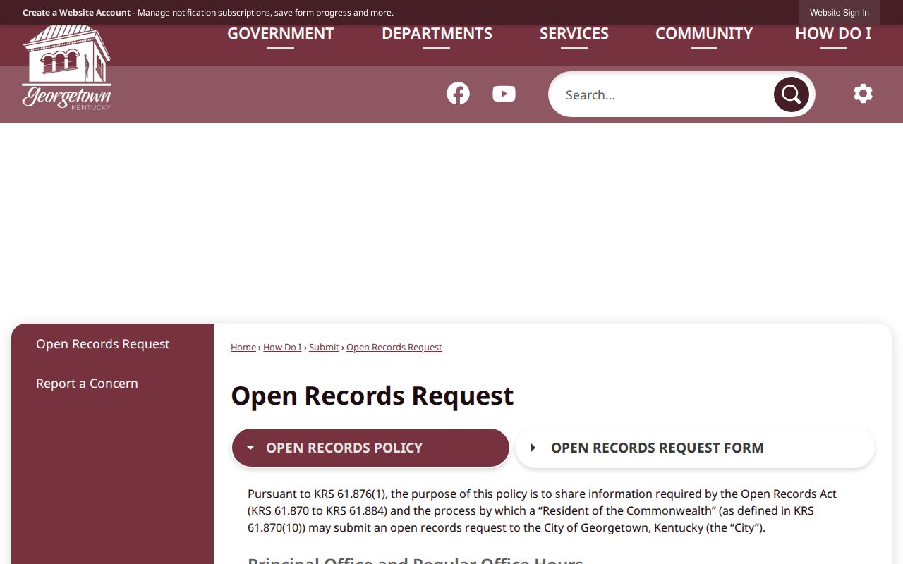 Georgetown Kentucky open records request page for city arrest records