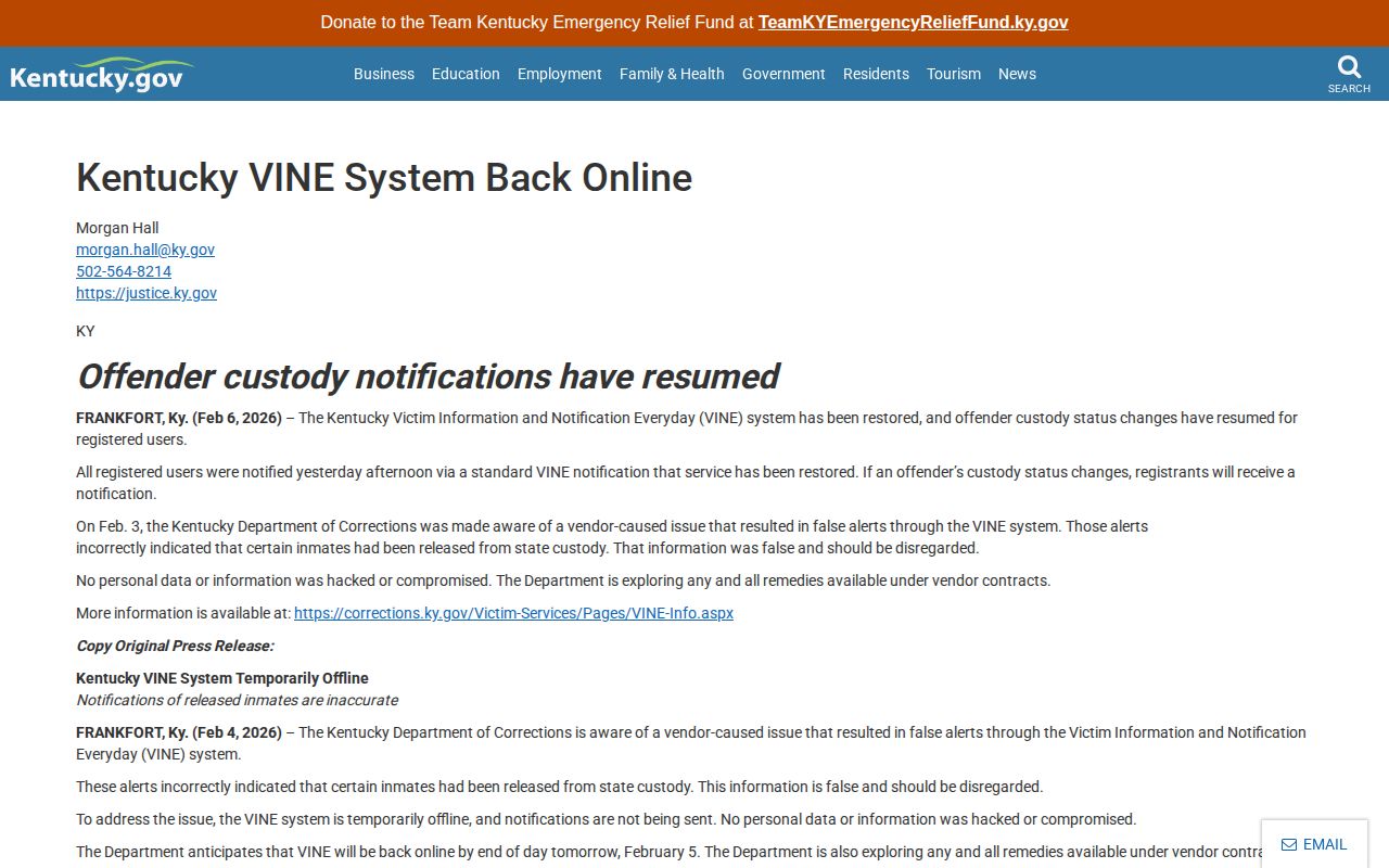 Kentucky notice restoring Enhanced VINE after false alerts